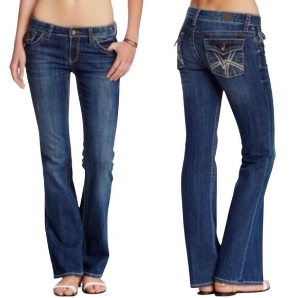 Kut From The Kloth Womens So Low Jeans Sz14 Dark Wash Bootcut Bling Pockets - Picture 2 of 16